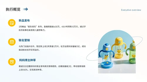 蓝黄色简约儿童水杯季度营销复盘PPT模板