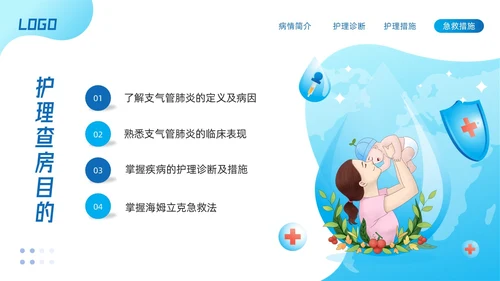 蓝色简约儿科支气管肺炎护理查房PPT模板宣传PPT动态PPT儿科护理