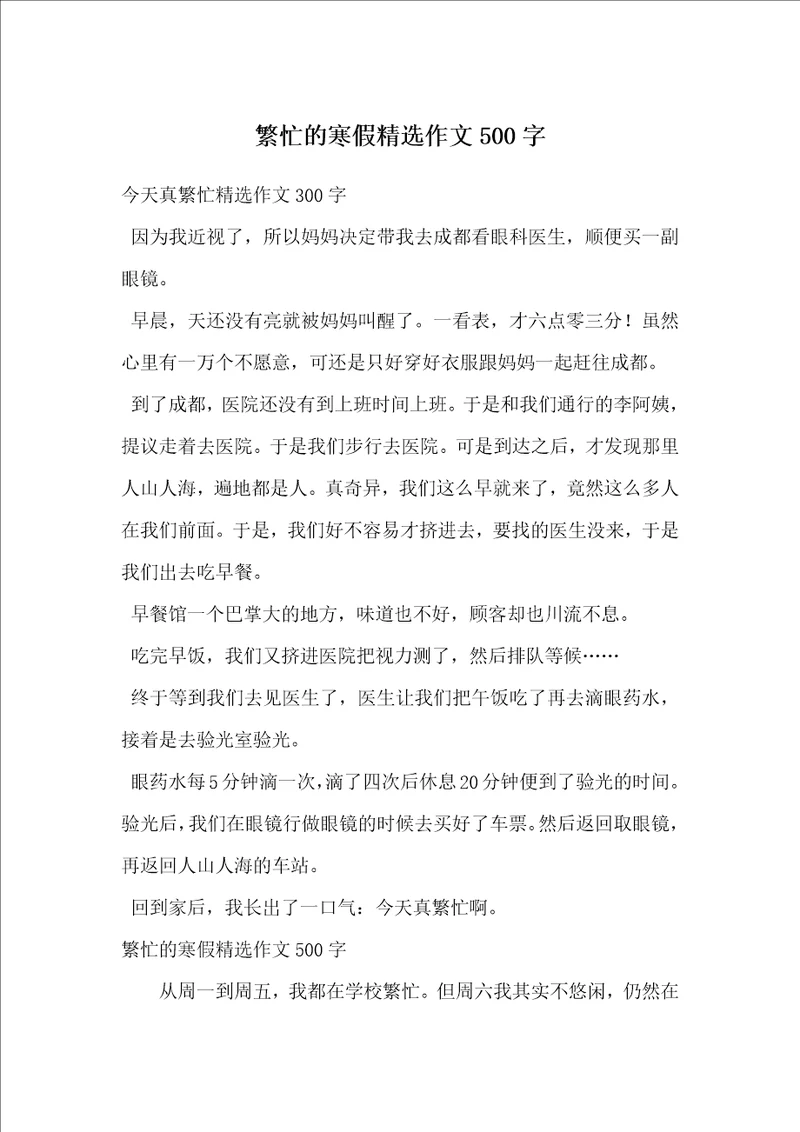 繁忙的寒假精选作文500字