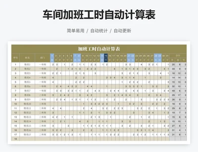 车间加班工时自动计算表