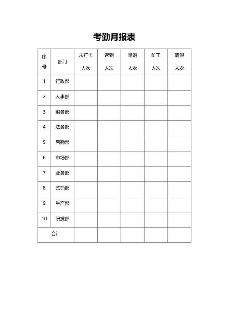 员工考勤月报表word模板