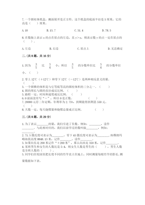 小学六年级下册数学摸底考试题（精练）.docx
