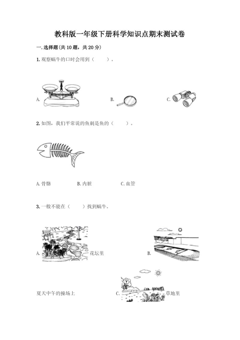 教科版一年级下册科学知识点期末测试卷附参考答案(基础题).docx