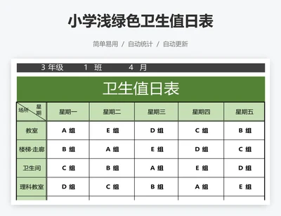 小学浅绿色卫生值日表