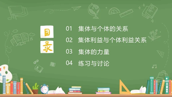 绿色黑板风卡通插画承担关爱集体的责任动态PPT