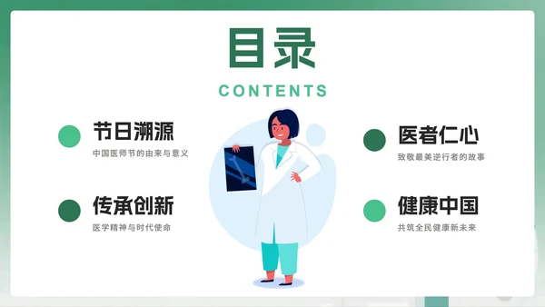绿色卡通插画风中国医师节节日科普PPT模板