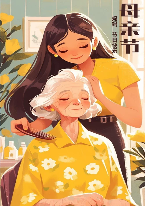 女儿帮妈妈梳头母亲节海报