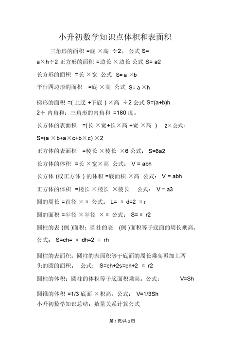 小升初数学知识点体积和表面积