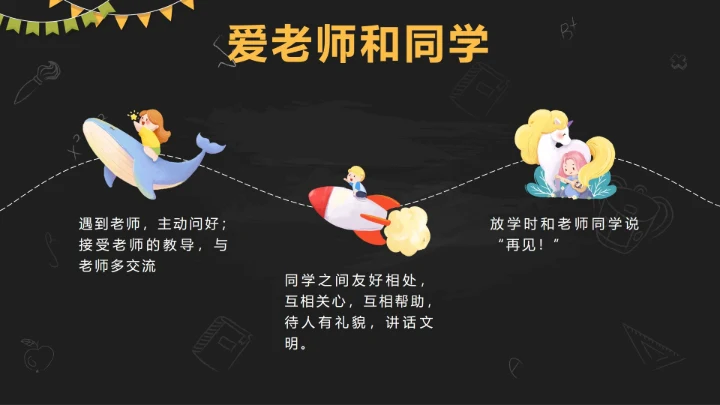 黑色卡通黑板快乐开学童梦放飞带内容PPT模板