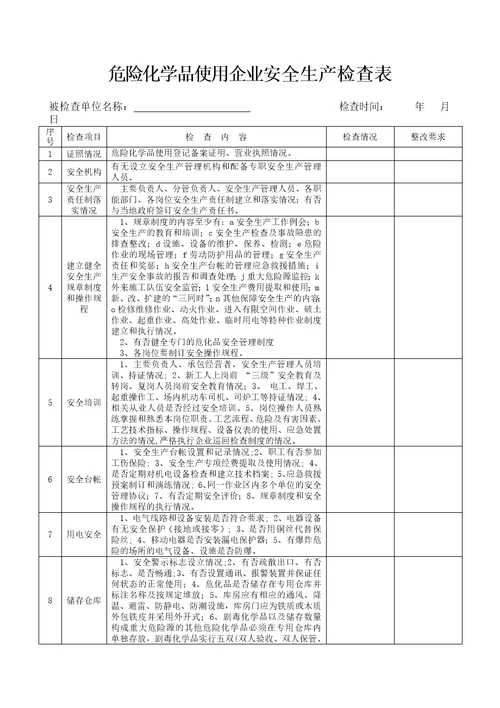 危险化学品使用企业安全生产检查表