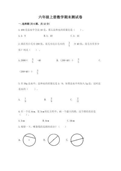 六年级上册数学期末测试卷含完整答案（各地真题）.docx