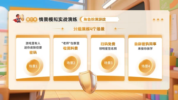 橙色3D卡通风反诈主题班会PPT模板