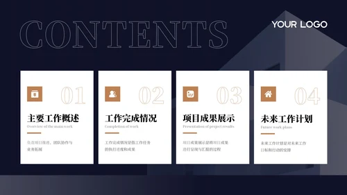 深蓝色商务风年中汇报通用PPT模板