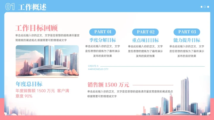 蓝粉色城市建筑风工作总结汇报PPT模板