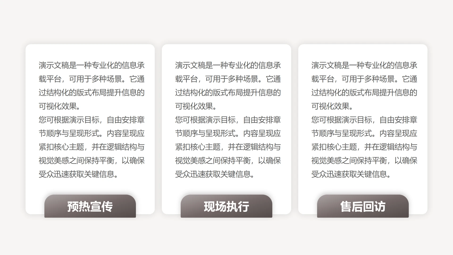 单页三项横向并列带图标活动三段式流程预热执行复盘策划汇报PPT模板