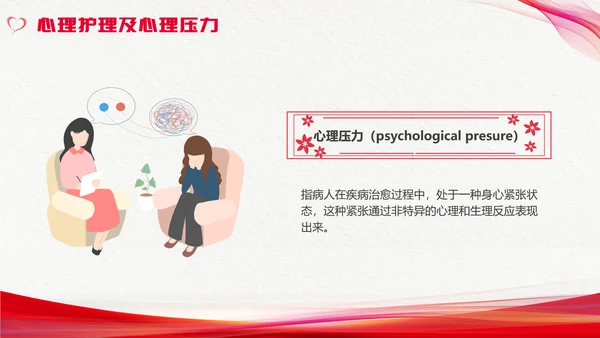 红色简约心理护理压力及应对总结PPT手绘爱心形状边框护士心理医生
