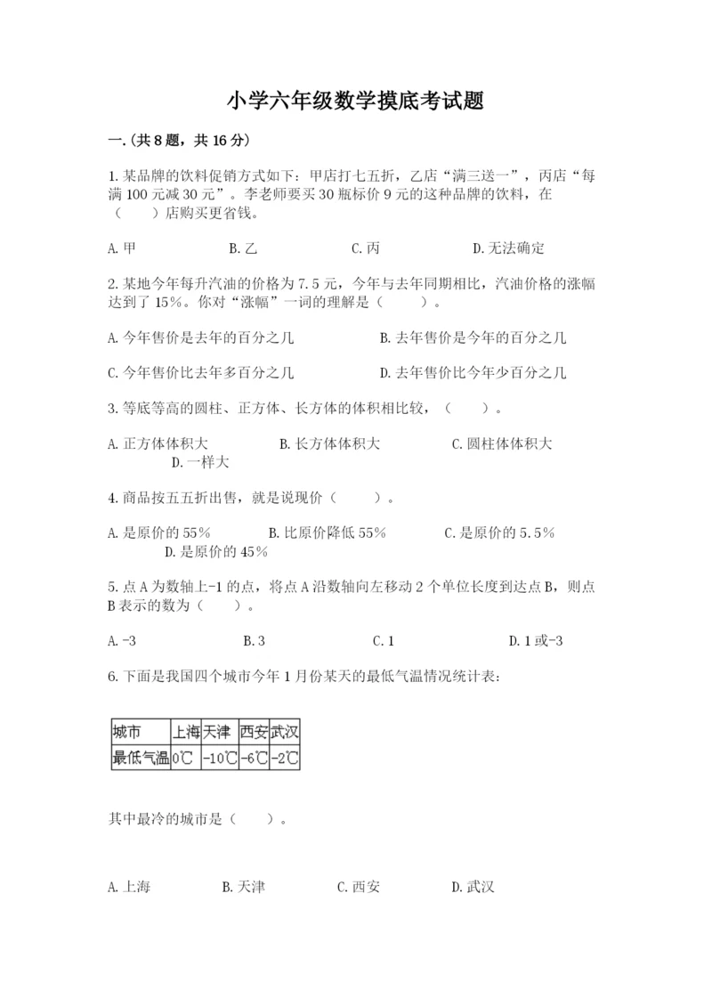 小学六年级数学摸底考试题附答案（能力提升）.docx