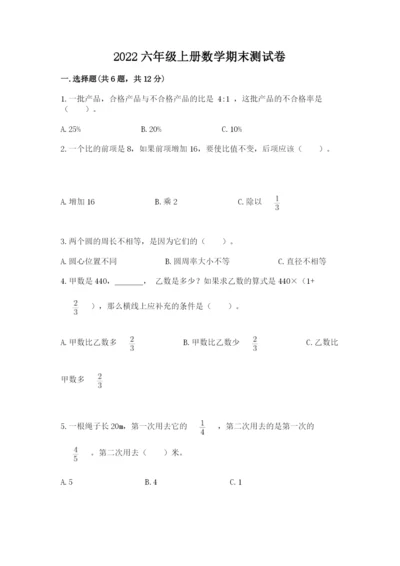 2022六年级上册数学期末测试卷含完整答案【名师系列】.docx