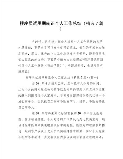 程序员试用期转正个人工作总结精选7篇