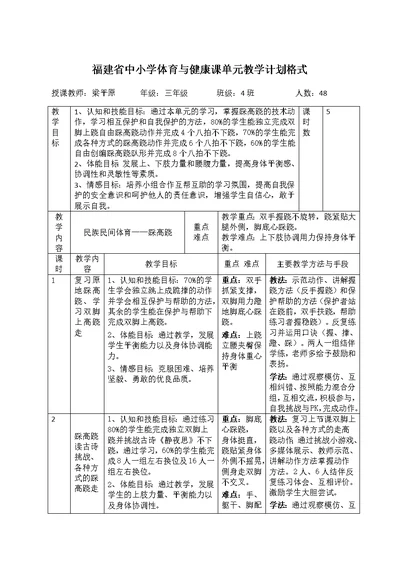 福建省中小学体育与健康课单元教学计划格式