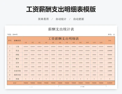 工资薪酬支出明细表模版