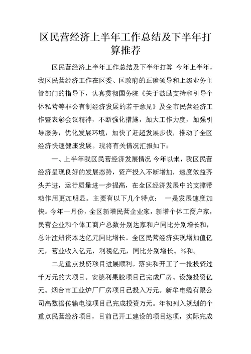 区民营经济上半年工作总结及下半年打算推荐