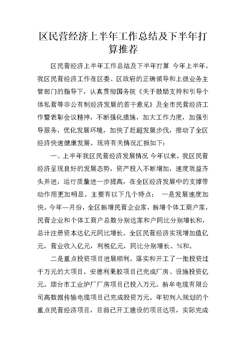 区民营经济上半年工作总结及下半年打算推荐