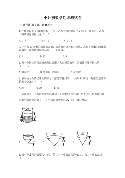 小升初数学期末测试卷带答案（实用）