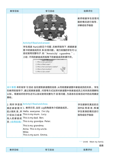Unit 6 Meet my family单元整体教学设计5课时
