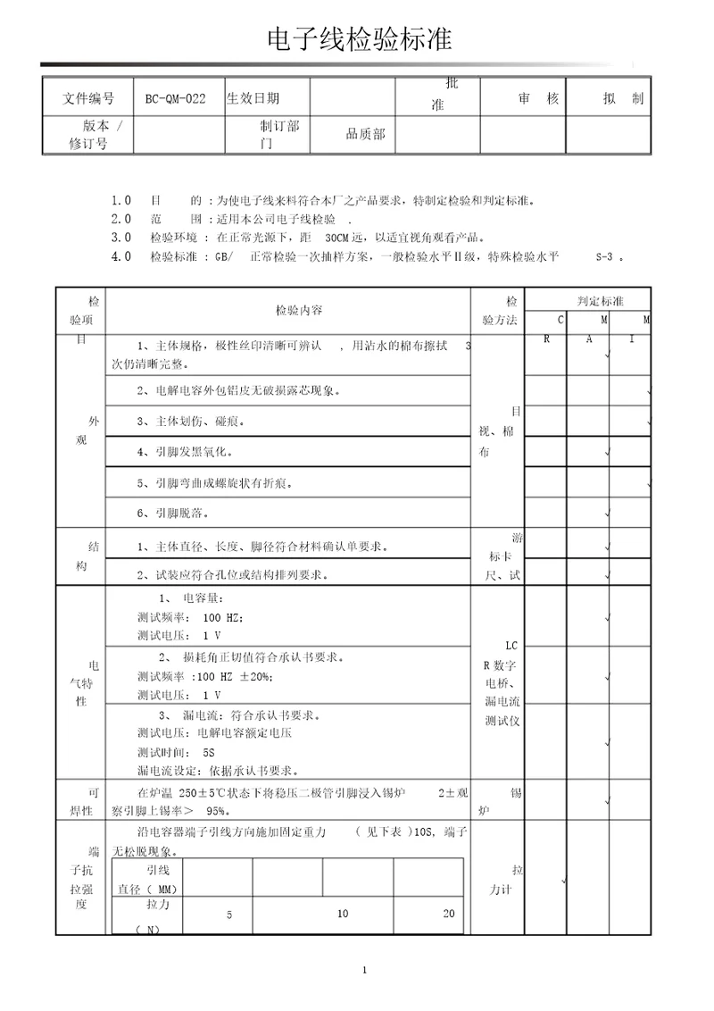 电子线检验标准