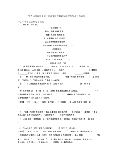 中考语文诗歌鉴赏及文言文阅读解题方法和技巧及习题训练