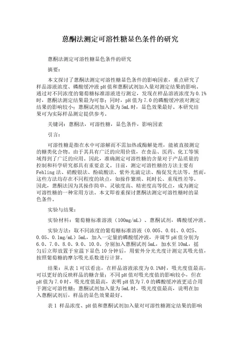 蒽酮法测定可溶性糖显色条件的研究