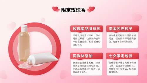 粉红色3D立体风七夕护肤品电商促销活动PPT模版