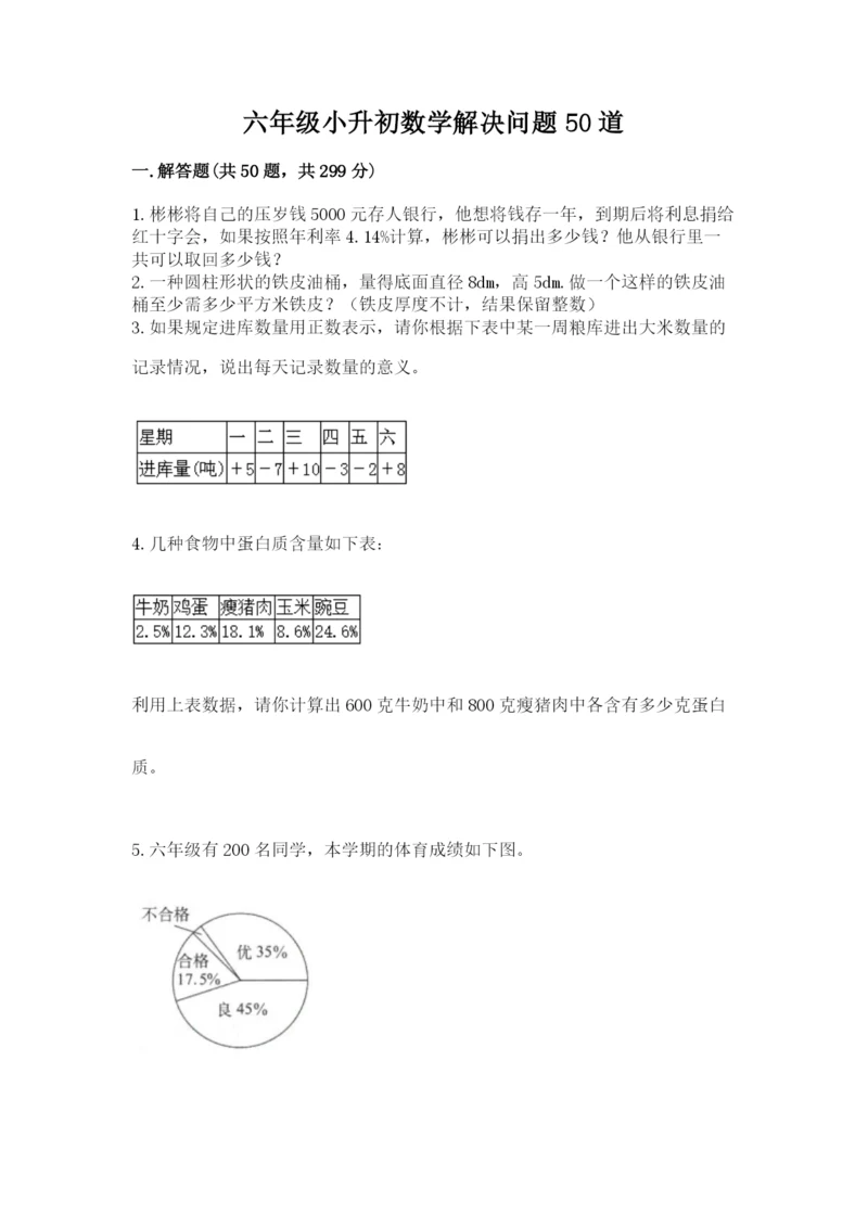 六年级小升初数学解决问题50道含答案（突破训练）.docx