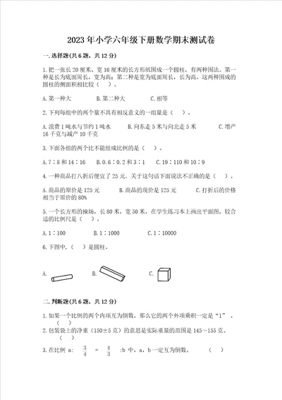 2023年小学六年级下册数学期末测试卷含答案（巩固）