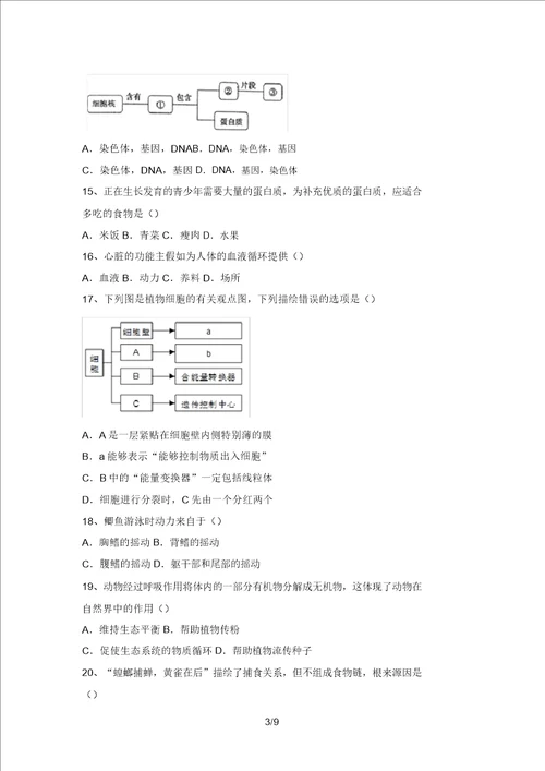 2021年苏教版八年级上册生物期末考试题及答案真题