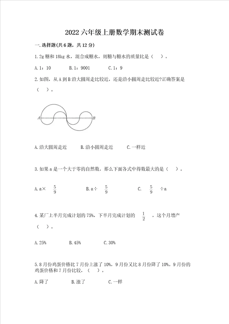 2022六年级上册数学期末测试卷精品综合题