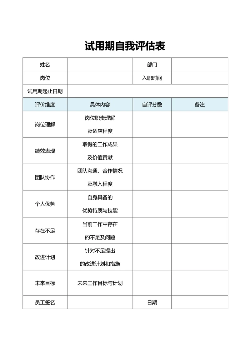 试用期自我评估表