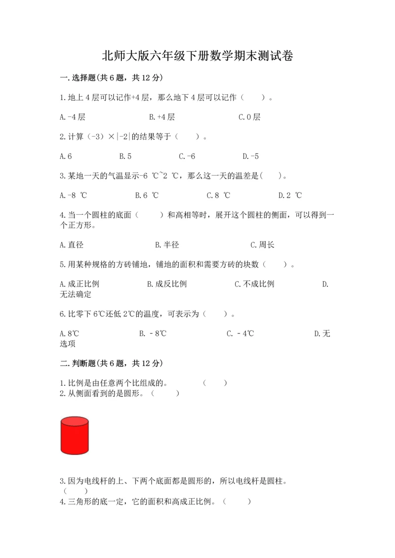 北师大版六年级下册数学期末测试卷附参考答案（考试直接用）.docx