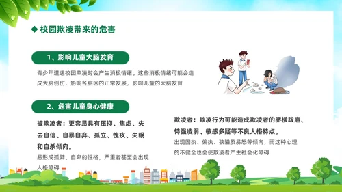 绿色卡通儿童中小学预防校园欺凌校园暴力校园霸凌家长会PPT