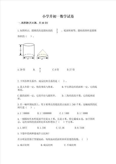 小学升初一数学试卷精品突破训练