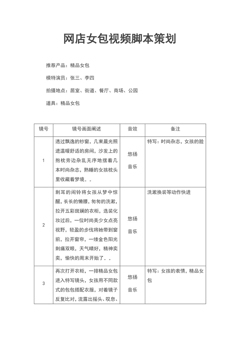 网店女包视频脚本策划