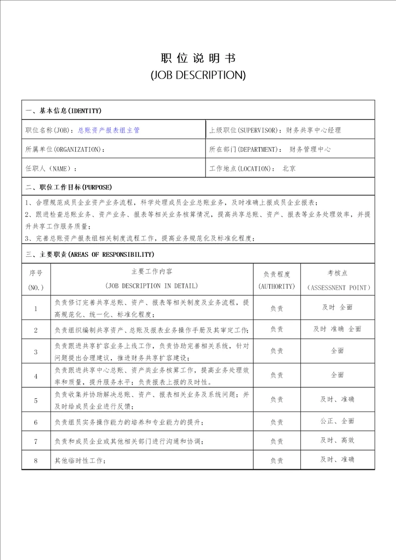 财务共享服务中心岗位职责总账报表组