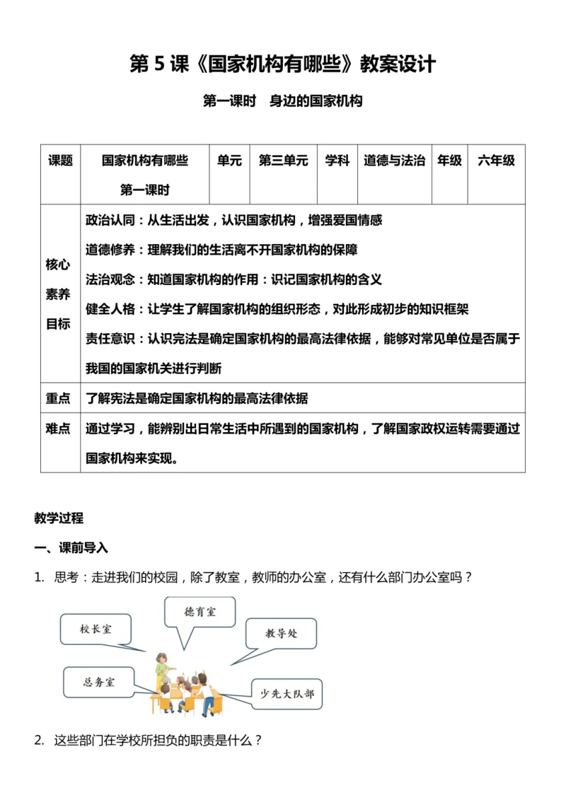 （核心素养目标）5.1 国家机构有哪些  第一课时  教案设计
