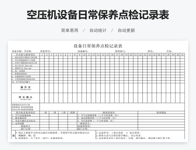空压机设备日常保养点检记录表