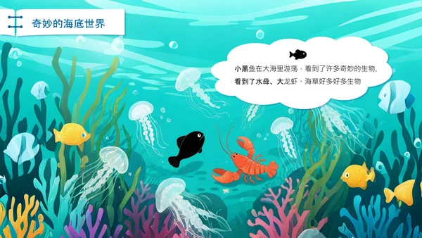 蓝色插画风小黑鱼会勇敢与团队协作PPT
