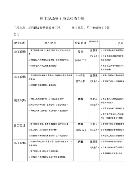 施工现场安全隐患检查台账