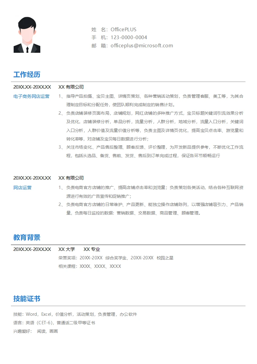 电子商务网店运营应届生简历模板