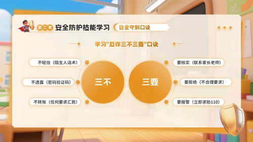 橙色3D卡通风反诈主题班会PPT模板