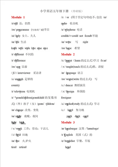 五年级下册英语单词外研